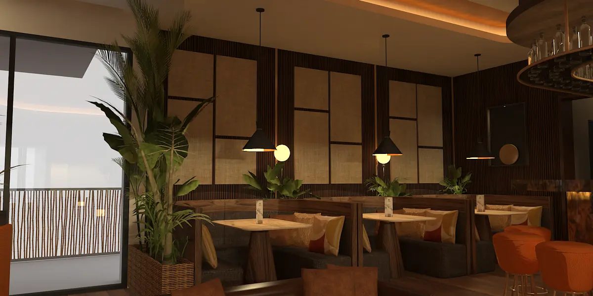 Dining room with booth seating, wooden tables, pendant lights, and indoor plants