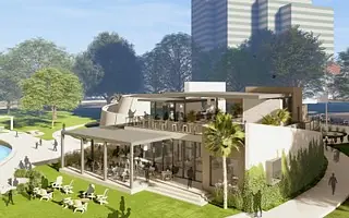 Exterior of a building with glass windows, flat roof, patio seating, pool, and landscaping.