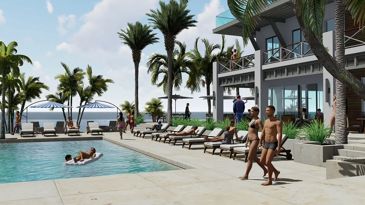 Exterior patio with swimming pool, lounge chairs, tropical plants, and palm trees