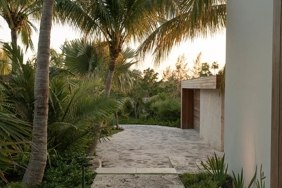 Exterior front area with stone pathway, palm trees, and modern entrance structure with wooden panels.