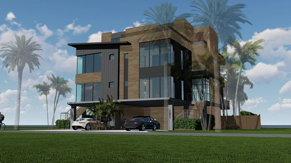 Modern multi-story building with glass windows, wooden siding, balcony, palm trees, and parked vehicles