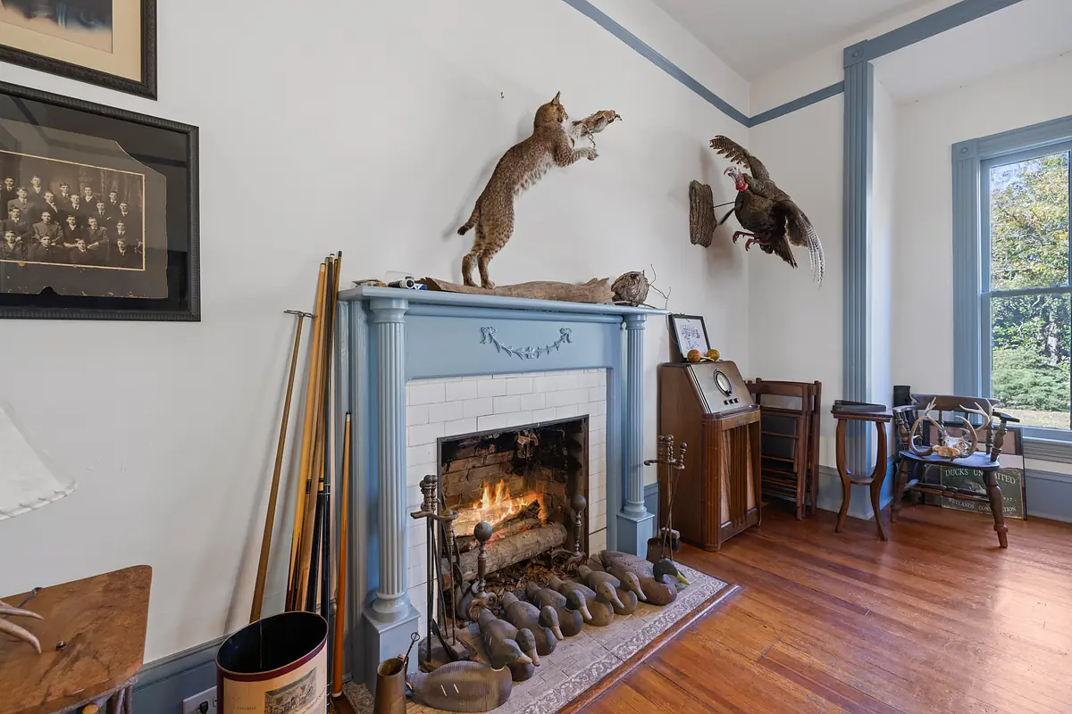 Living room with brick fireplace, mounted taxidermy, vintage chair, and natural light from a window