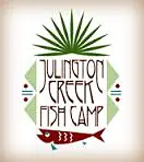 Logo design for Julington Creek Fish Camp with fish, geometric patterns, and a palm-like plant.