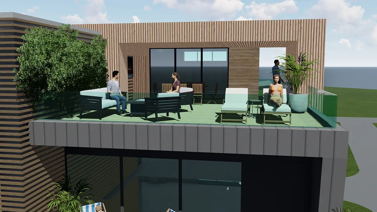 Outdoor deck with seating areas, glass railing, potted plants, and views of the landscape and water.