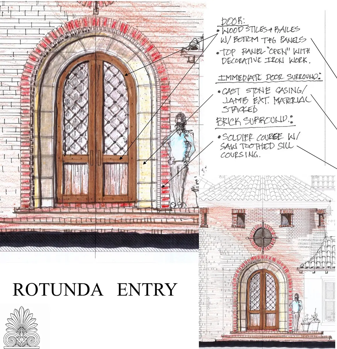 Foyer with large decorative double doors and brick surround, featuring wood tiles and cast stone details.