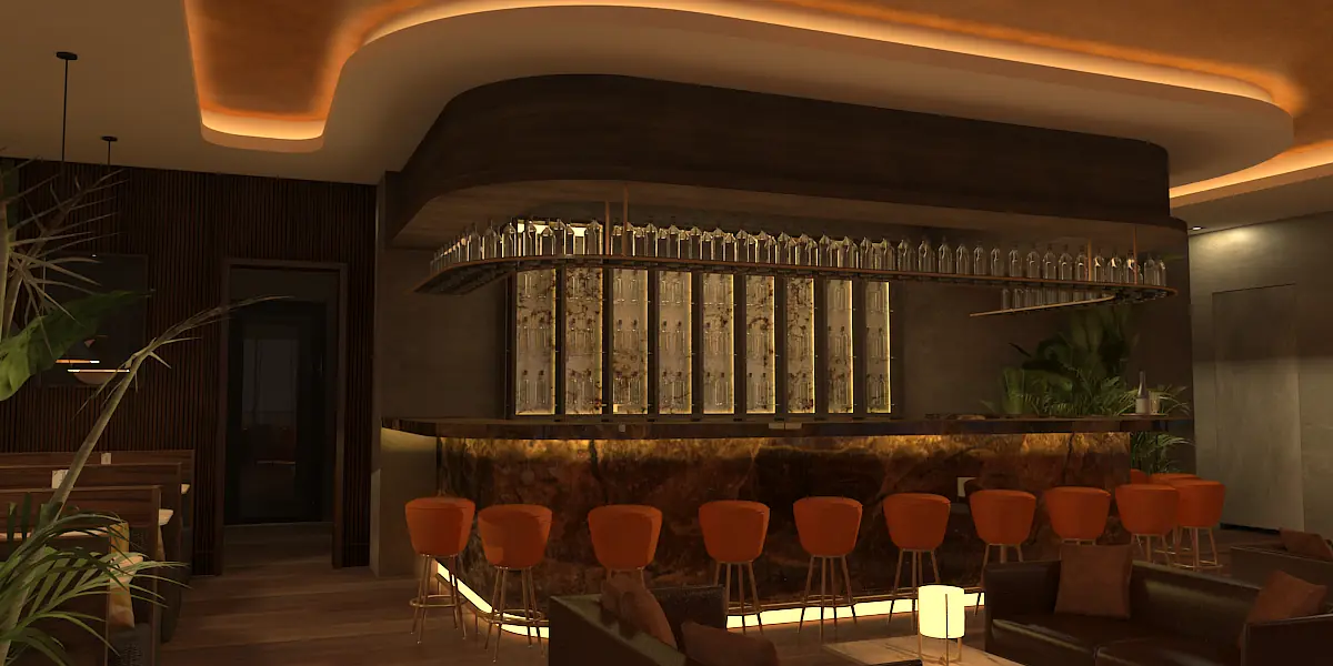Bar area with curved wooden bar, orange stools, glass shelves, dark wood walls, and plant accents.