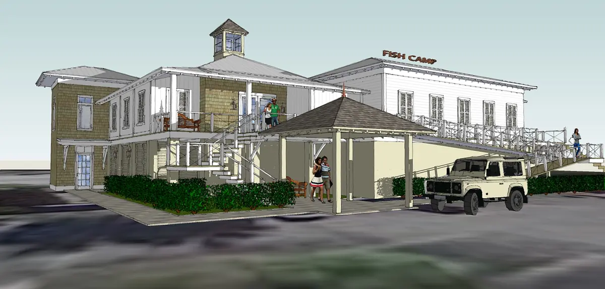 Exterior front view of a building with gabled roof, porch, stairs, windows, greenery, and 'FISH CAMP' sign