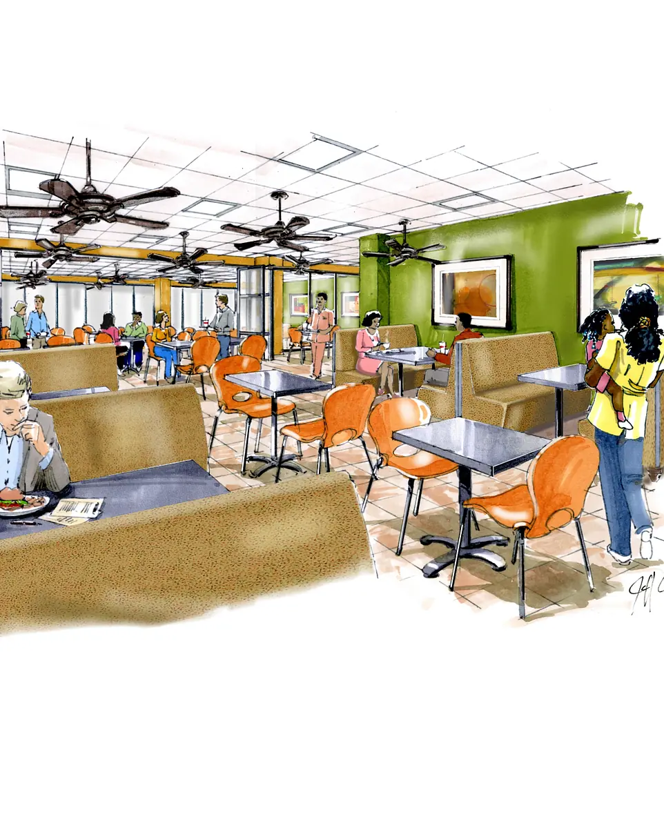 Dining room with tables, booth seating, green walls, artwork, tiled floor, and ceiling fans.