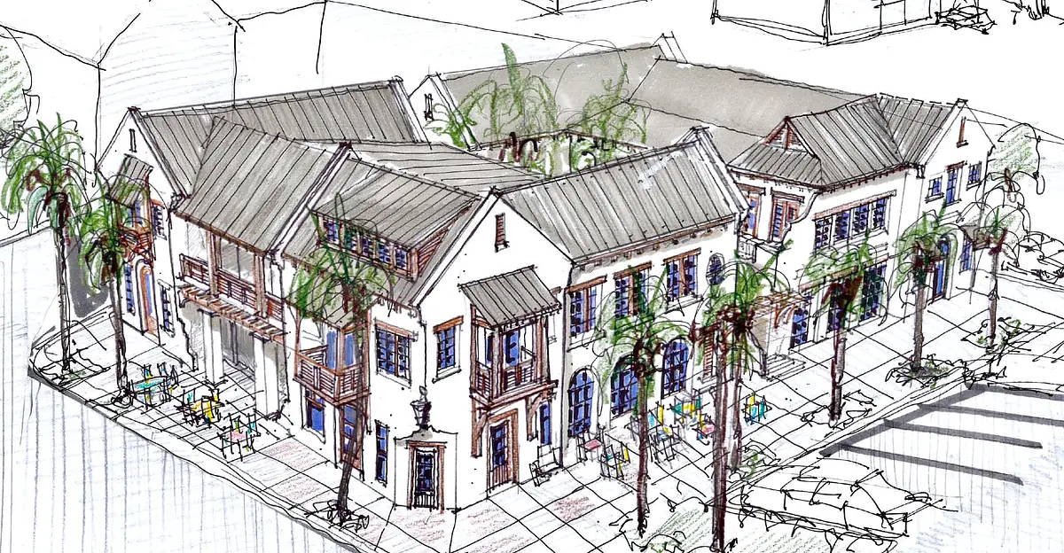 Architectural sketch of a building complex with sloped roofs, large windows, and palm trees.