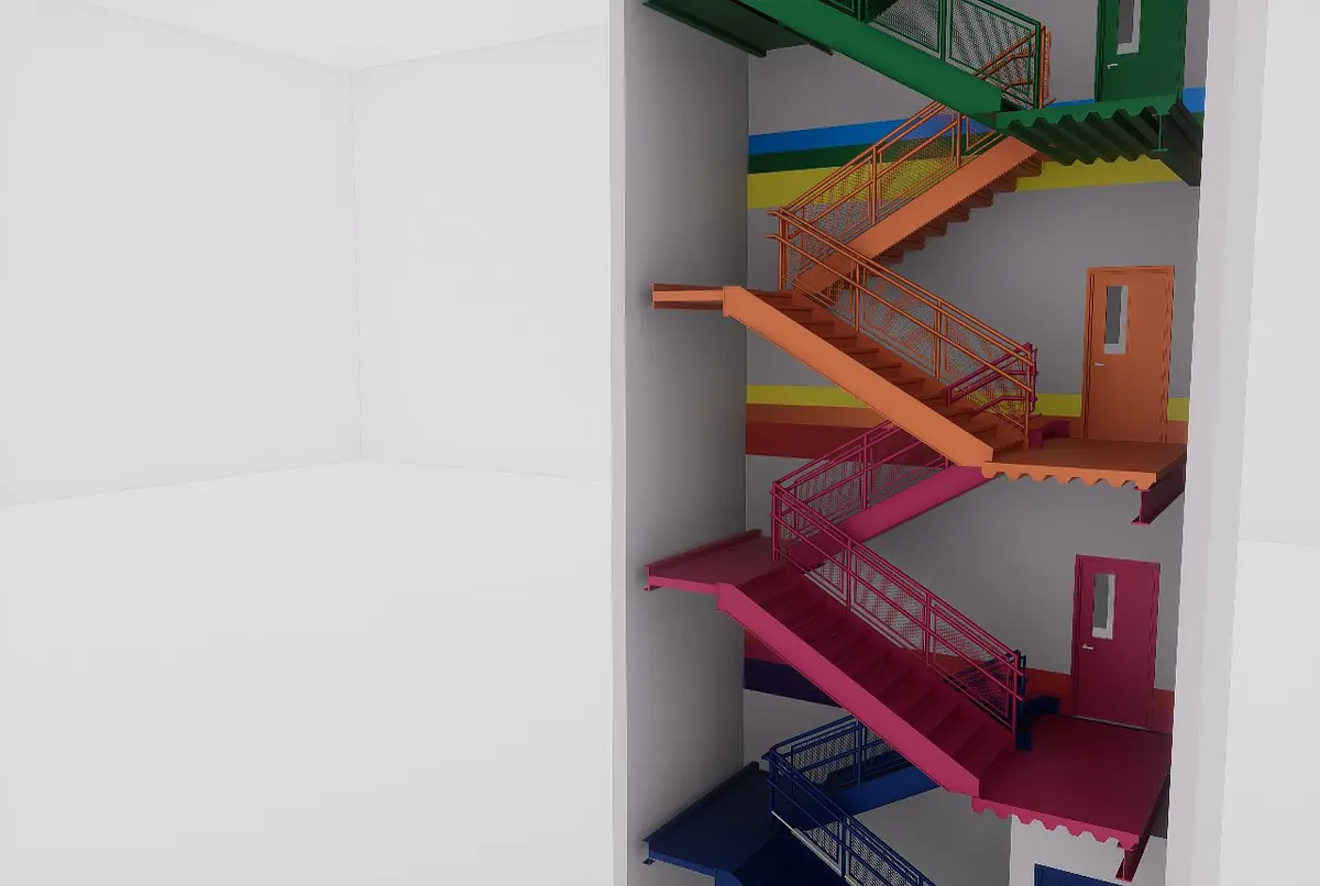 Hallway with multi-colored staircase and white walls featuring horizontal color stripes.