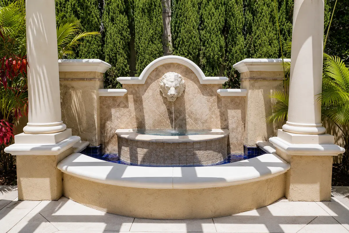 Garden area with stone fountain, lion head, blue tile accents, and landscaped plants on a paved patio.