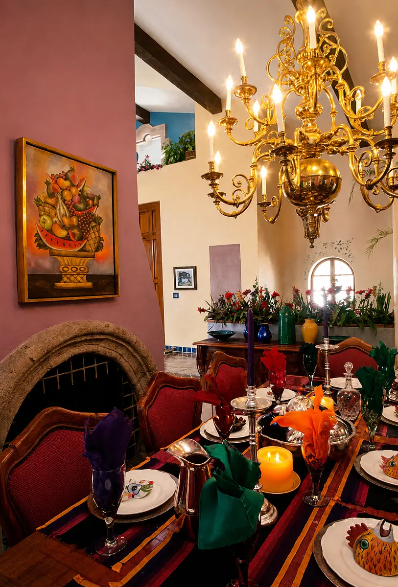 Dining room with a table for eight, colorful goblets, chandelier, painting, and fireplace.