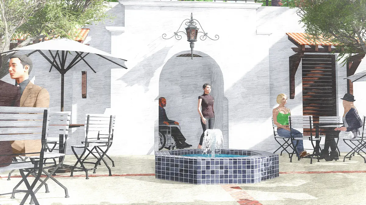 Patio with central fountain, metal bistro tables, chairs, umbrellas, and white walls with terracotta accents.