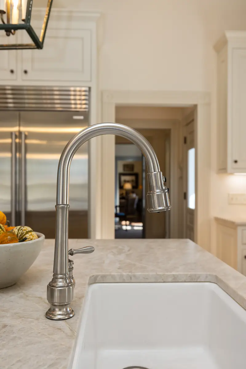 Kitchen with stainless steel faucet, white sink, light countertops, and a bowl of fruit.