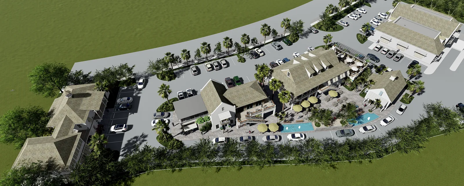 Outdoor complex with multiple buildings, pool, parking, and landscaping with palm trees and umbrellas.