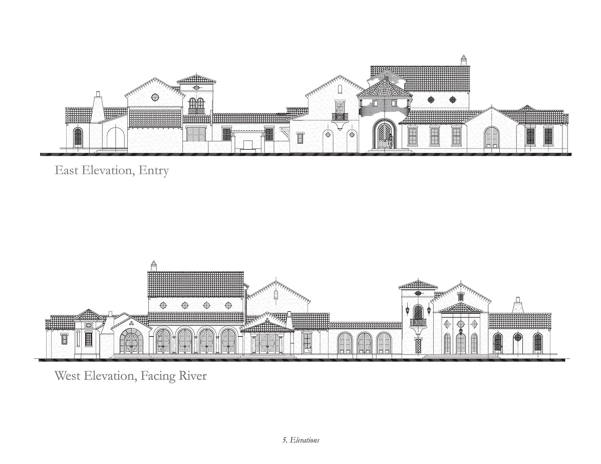 Architectural elevations displaying entry facade with varied rooflines and window styles