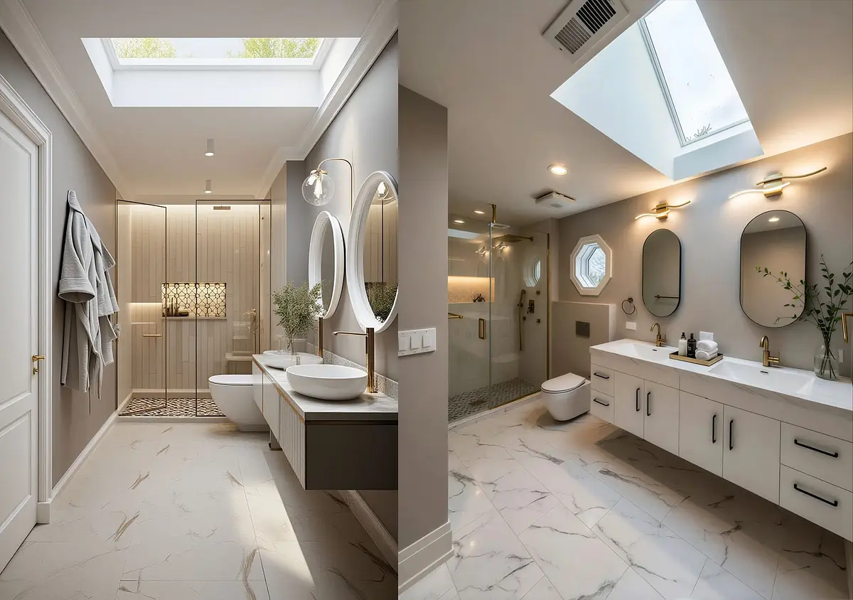 Bathroom with freestanding sink, double mirrors, gray vanity, and glass-enclosed shower.