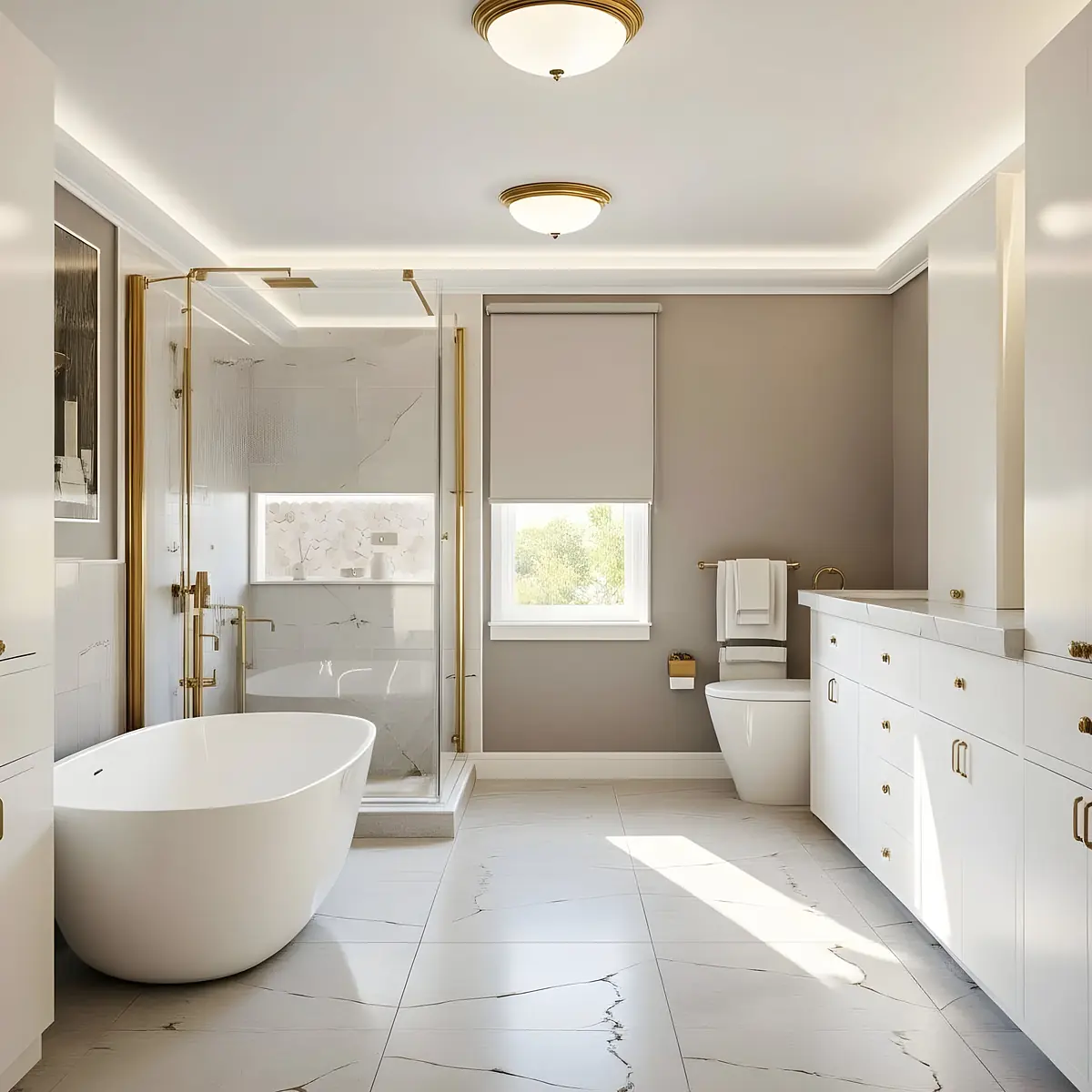 Bathroom with freestanding white tub, glass shower, toilet, and long vanity with drawers on marble flooring