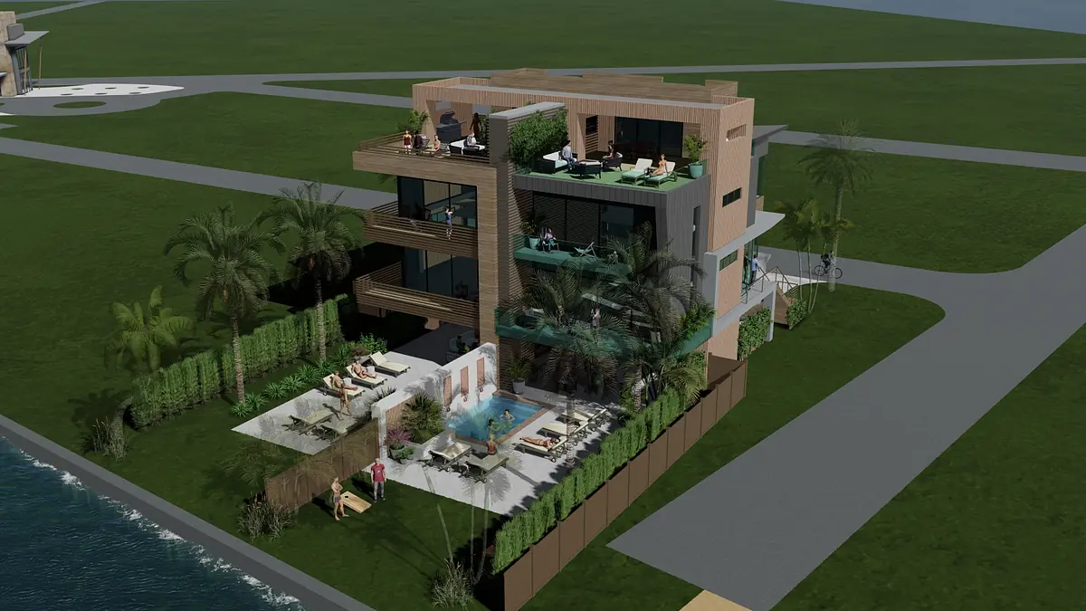 Exterior view of a multi-level building with balconies, pool, outdoor seating, and palm trees.