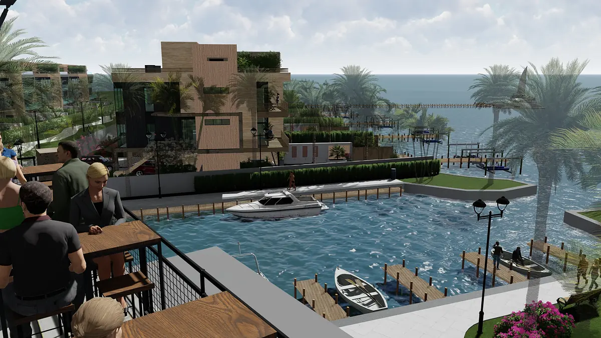 Deck area with outdoor seating, overlooking water with boat and dock, and a modern building with greenery.