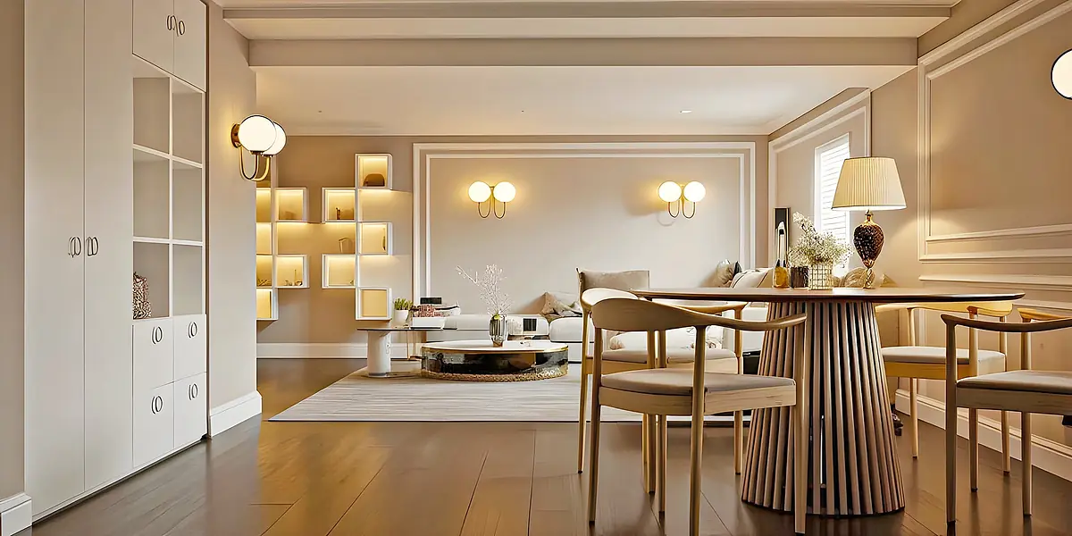 Living room with round table, wooden chairs, sectional sofa, shelving units, and wall sconces in neutral tones.