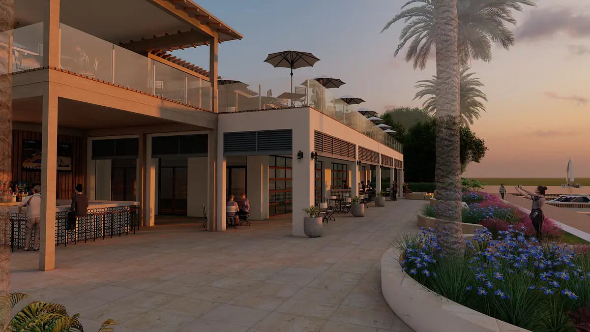 Exterior rear space with paved patio, bar counter, seating, umbrellas, palm trees, and flowering plants.