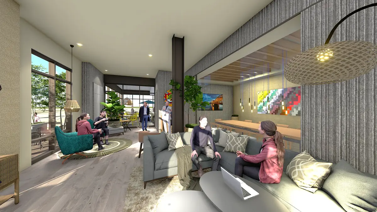 Living room with gray sofa, area rug, coffee table, plants, large windows, and adjoining dining area