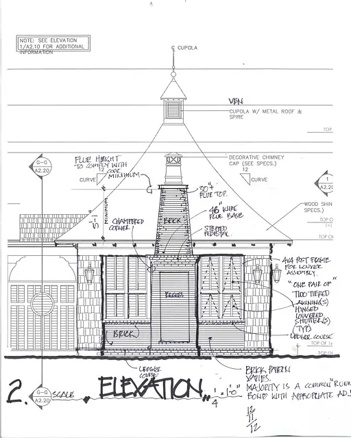 Architectural elevation drawing with cupola, measurements, and structural notations.