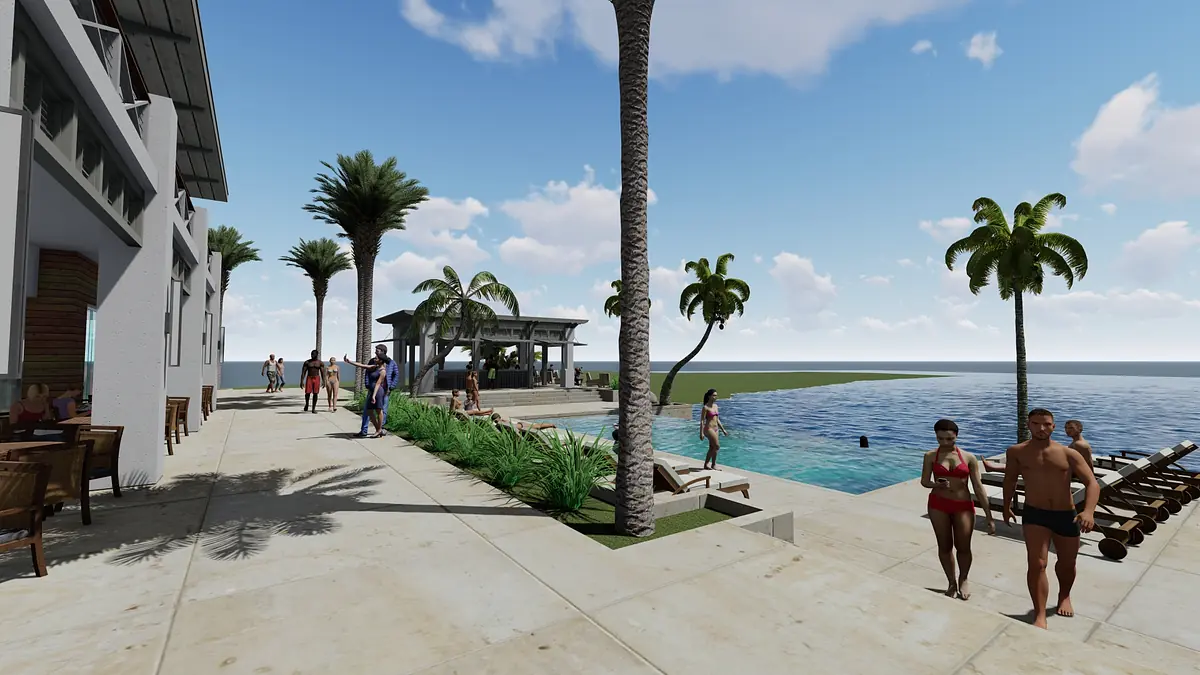 Exterior rear area with swimming pool, palm trees, patio, and people swimming and lounging.