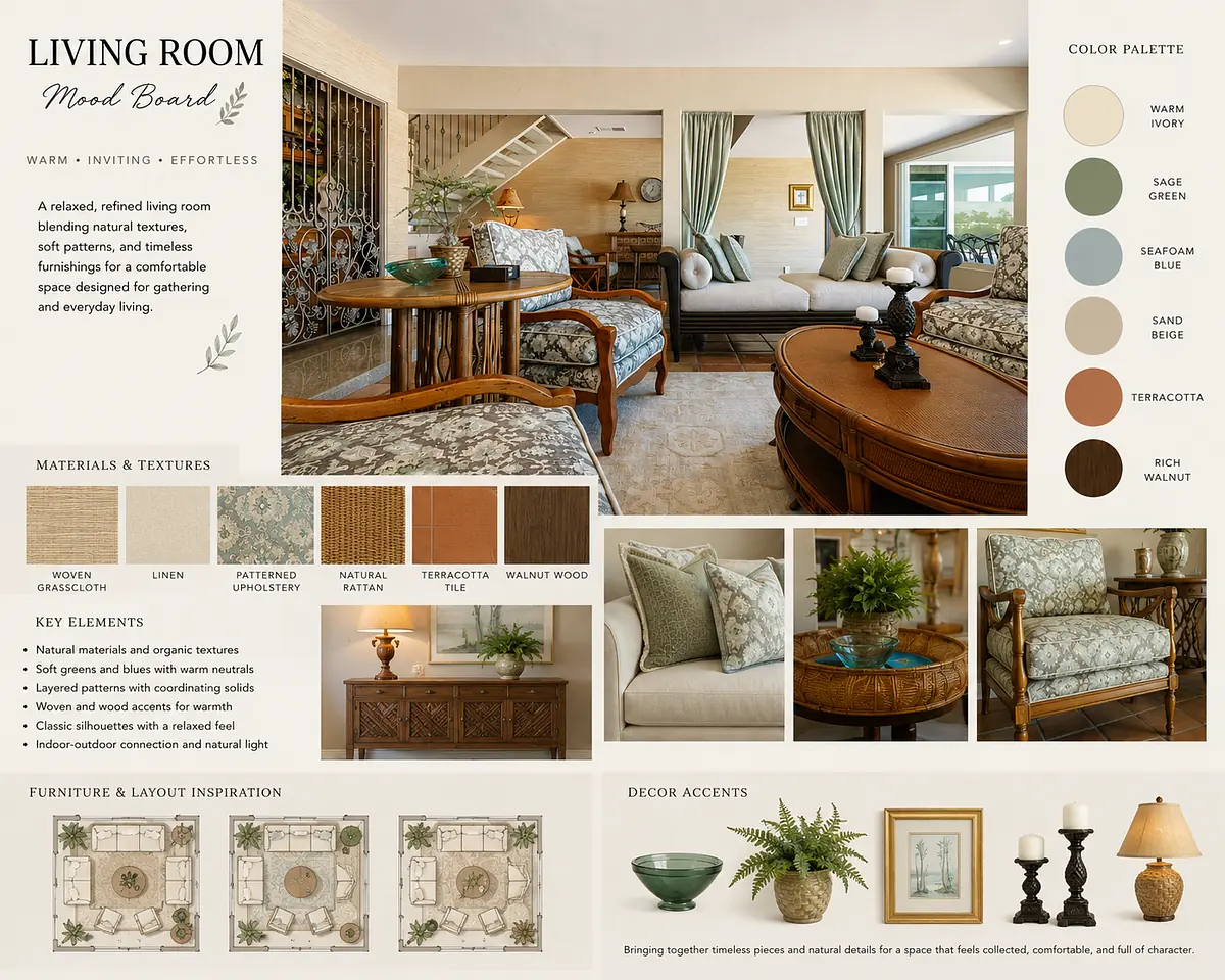 Living room with natural wood furniture, patterned upholstery, cushions, coffee table, and decorative plants.