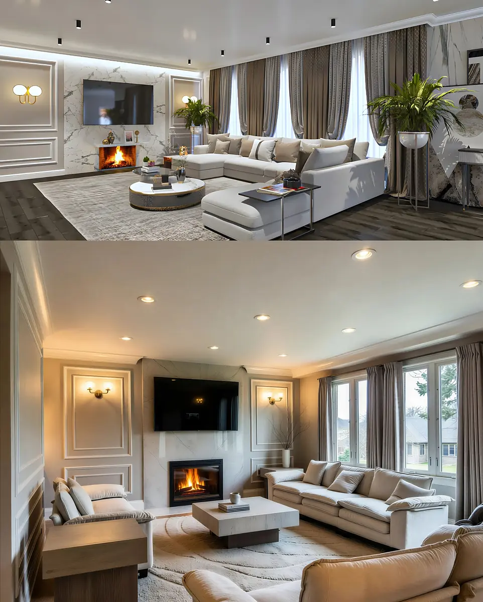 Living room with white sofas, coffee table, stone fireplace, and tall windows with drapes and plants.