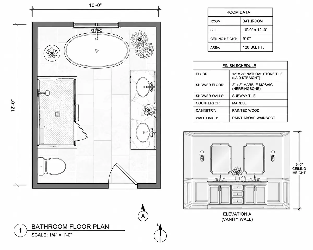 Bathroom with freestanding bathtub, walk-in shower, dual sinks, and wainscoting.