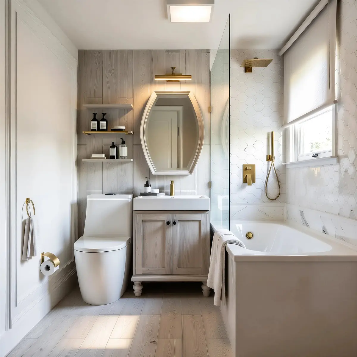Bathroom with white toilet, wood vanity, oval mirror, glass shower, and freestanding bathtub.