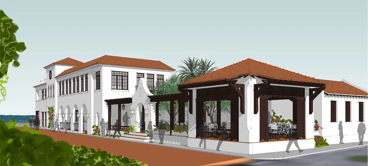 Front exterior with stucco facade, red tiled roof, large windows, covered patio with seating, and plants.