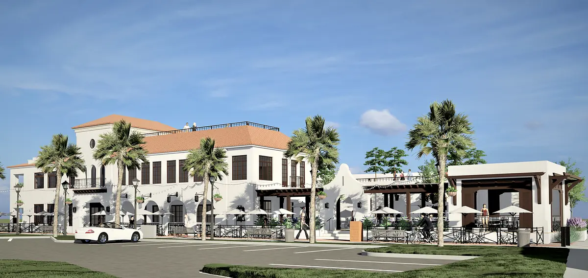 Exterior front view of a two-story building with patio, large windows, palm trees, and a parking area.