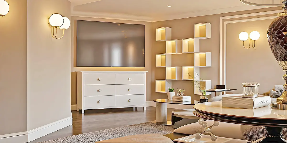 Living room with white dresser, wall-mounted TV, shelving unit, coffee table, and beige rug with wall sconces.