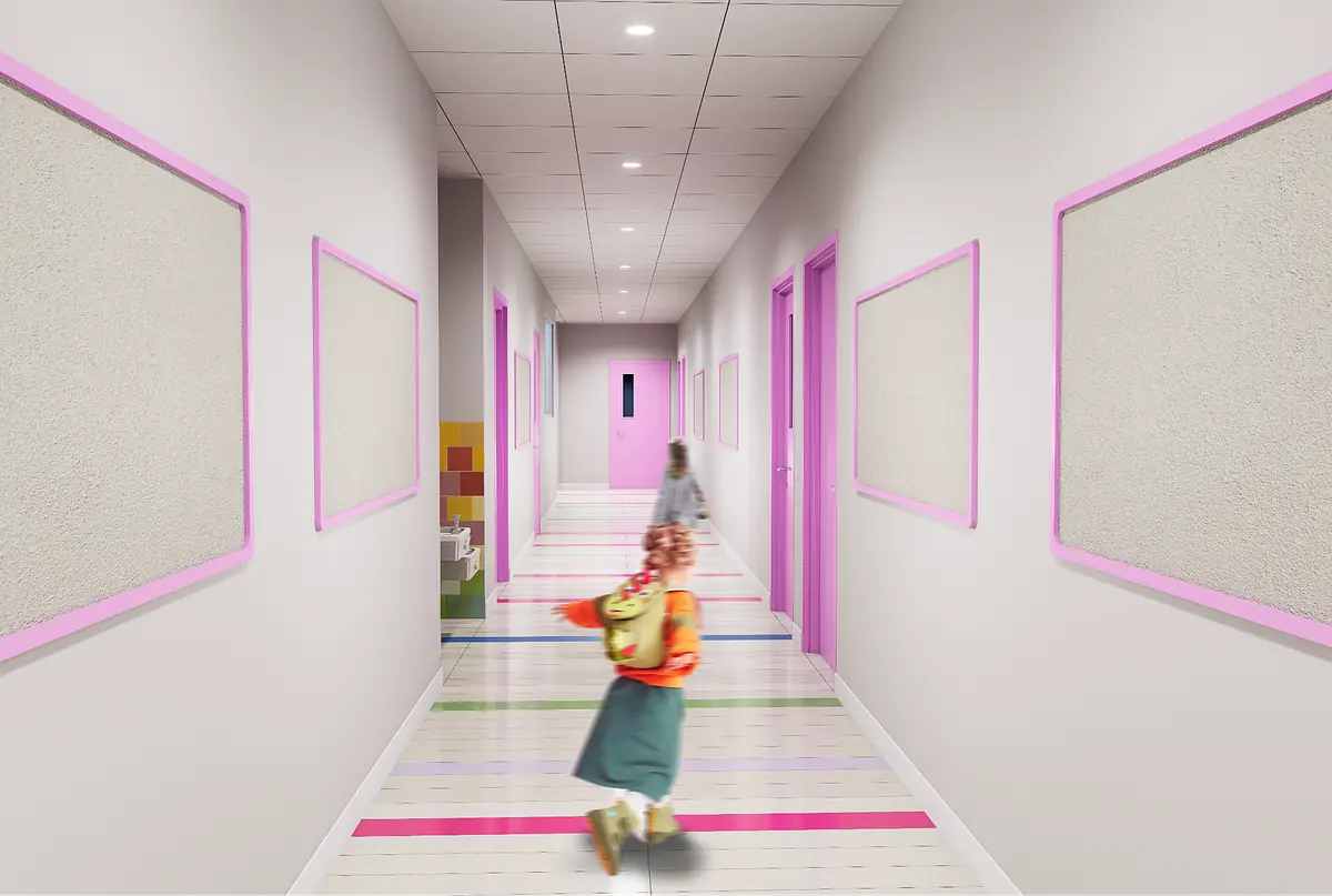 Hallway with pink doors, light-colored walls, colored striped floor, and empty framed walls.