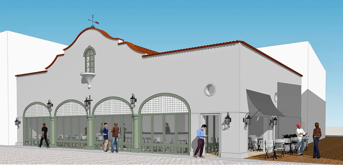 Exterior front view with arched windows, outdoor seating, and decorative roof.