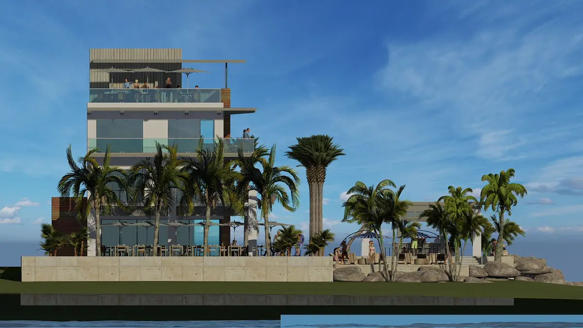 Exterior view of a multi-level building with large windows, rooftop terrace, and palm trees.